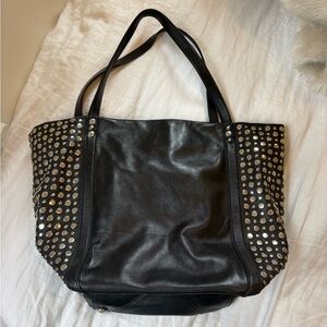 Stuart Weitzman Silver Studded Black Leather Tote Bag